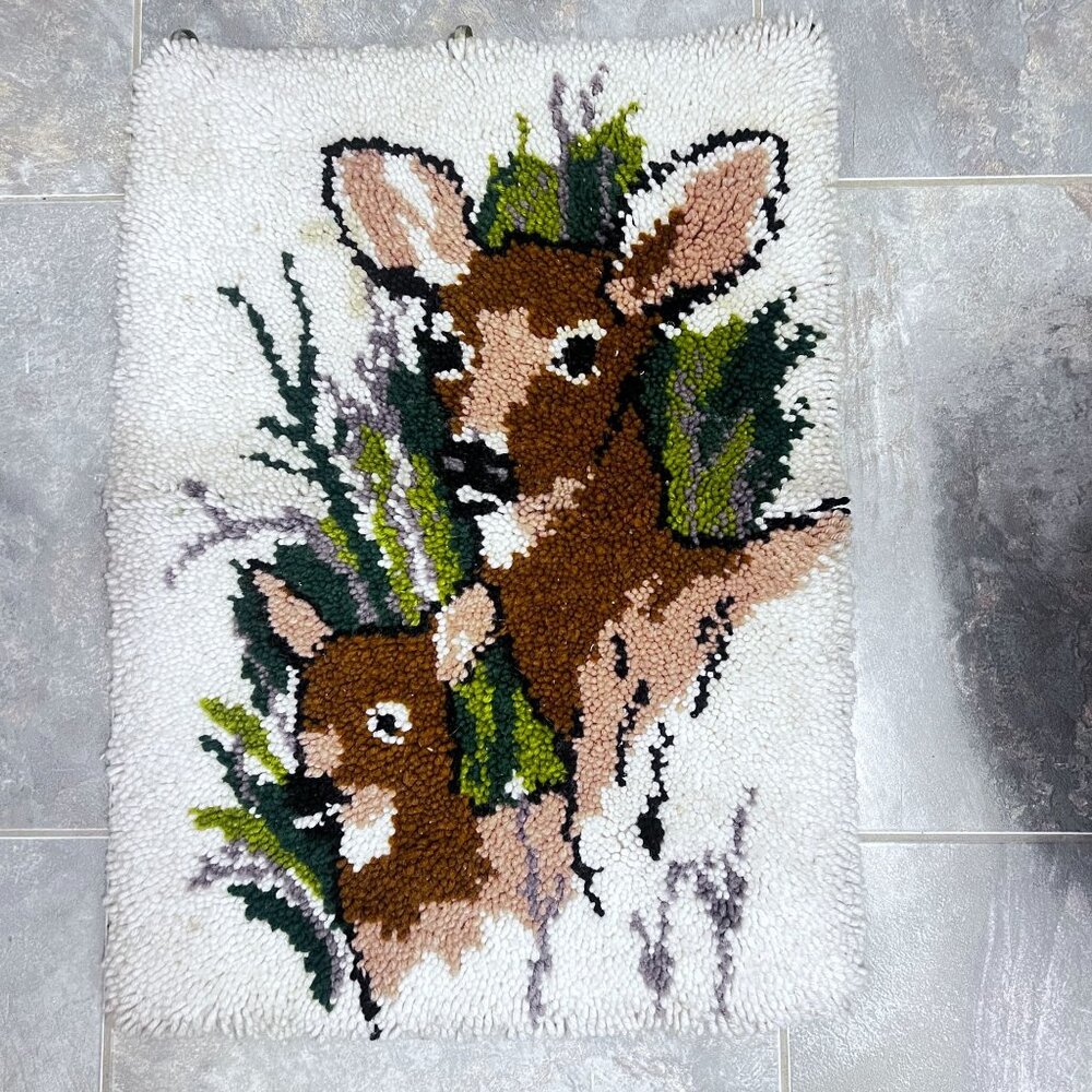 Vintage Deer Latch Hook Wall Hanging‎ Rug 26X18 Woodland Design Handmade 70s